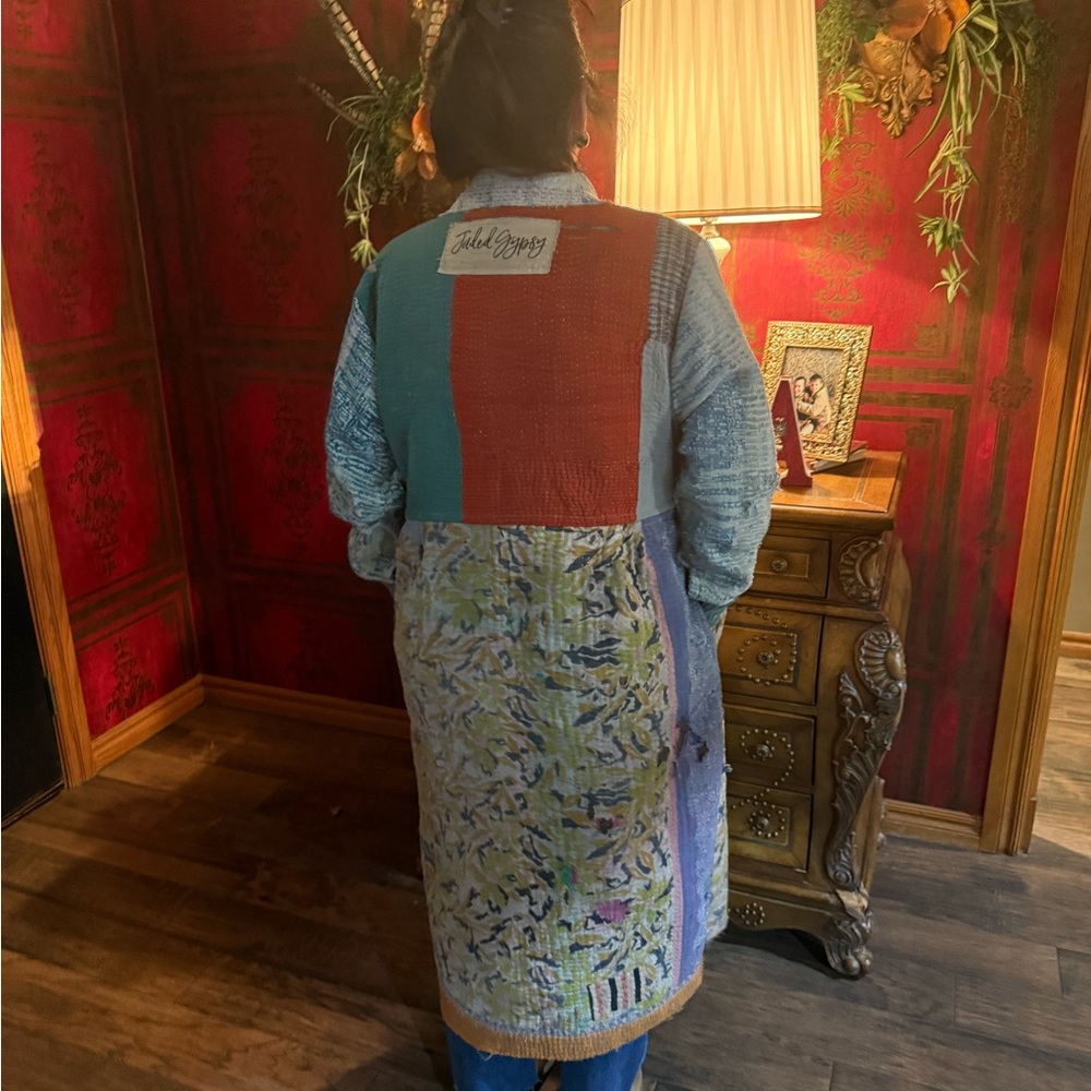 NEW- Jaded Gypsy Boho Kantha Patchwork Long Coat - Multi Color - Picture 6 of 11